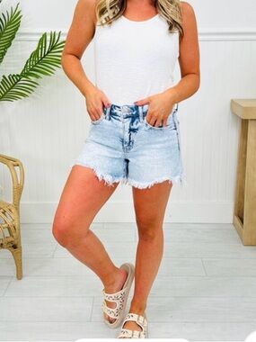 Light Wash Frayed Hem Denim Shorts - White Tank Look